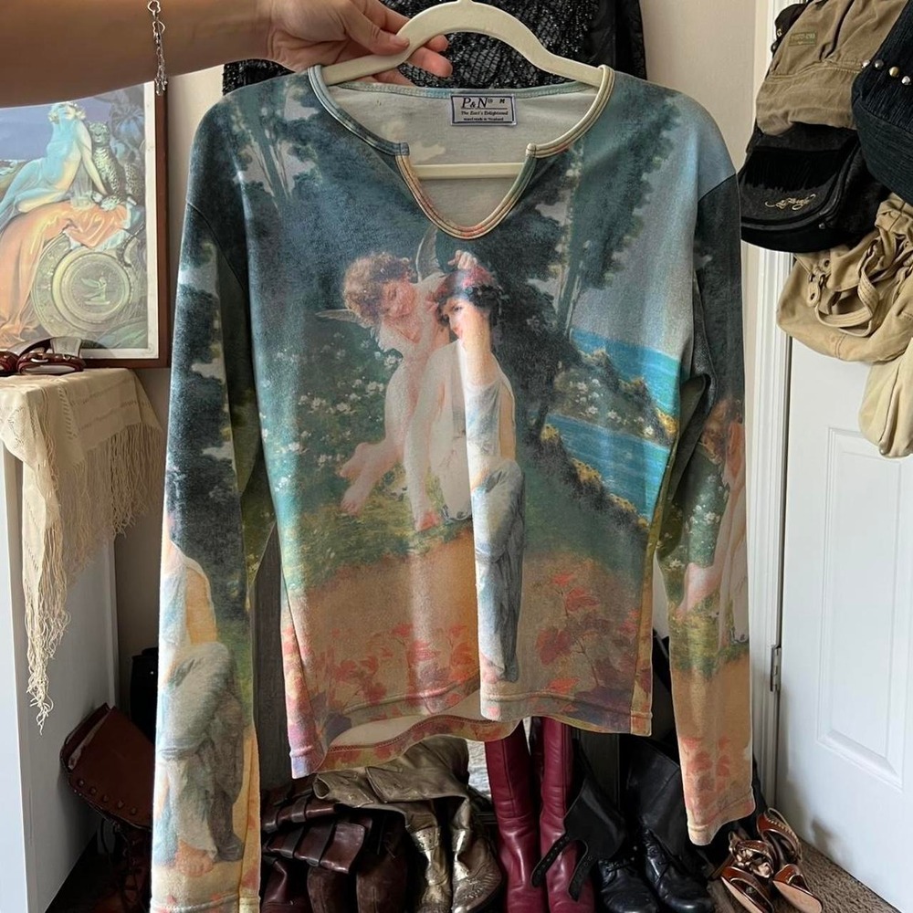 P&N Vintage 2000s Fairy All Over Print Long Sleeve Top Blue Fairycore Y2K M - Picture 6 of 7